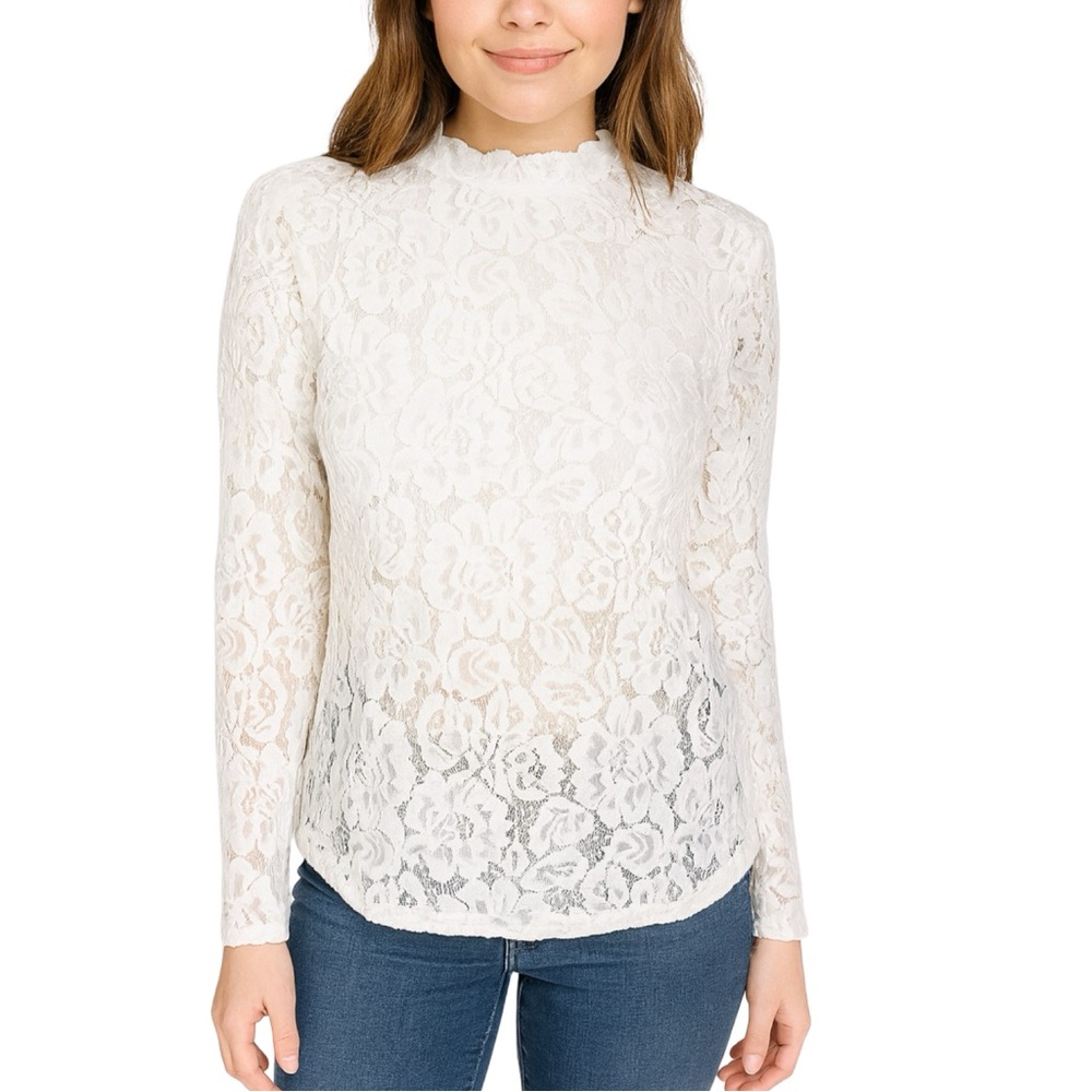 Adele Berto Floral Lace Mock Neck Blouse - Size Medium